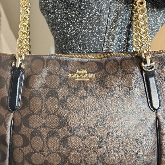 Coach Dark Brown Signature Tote with Gold Chain - Picture 2 of 12
